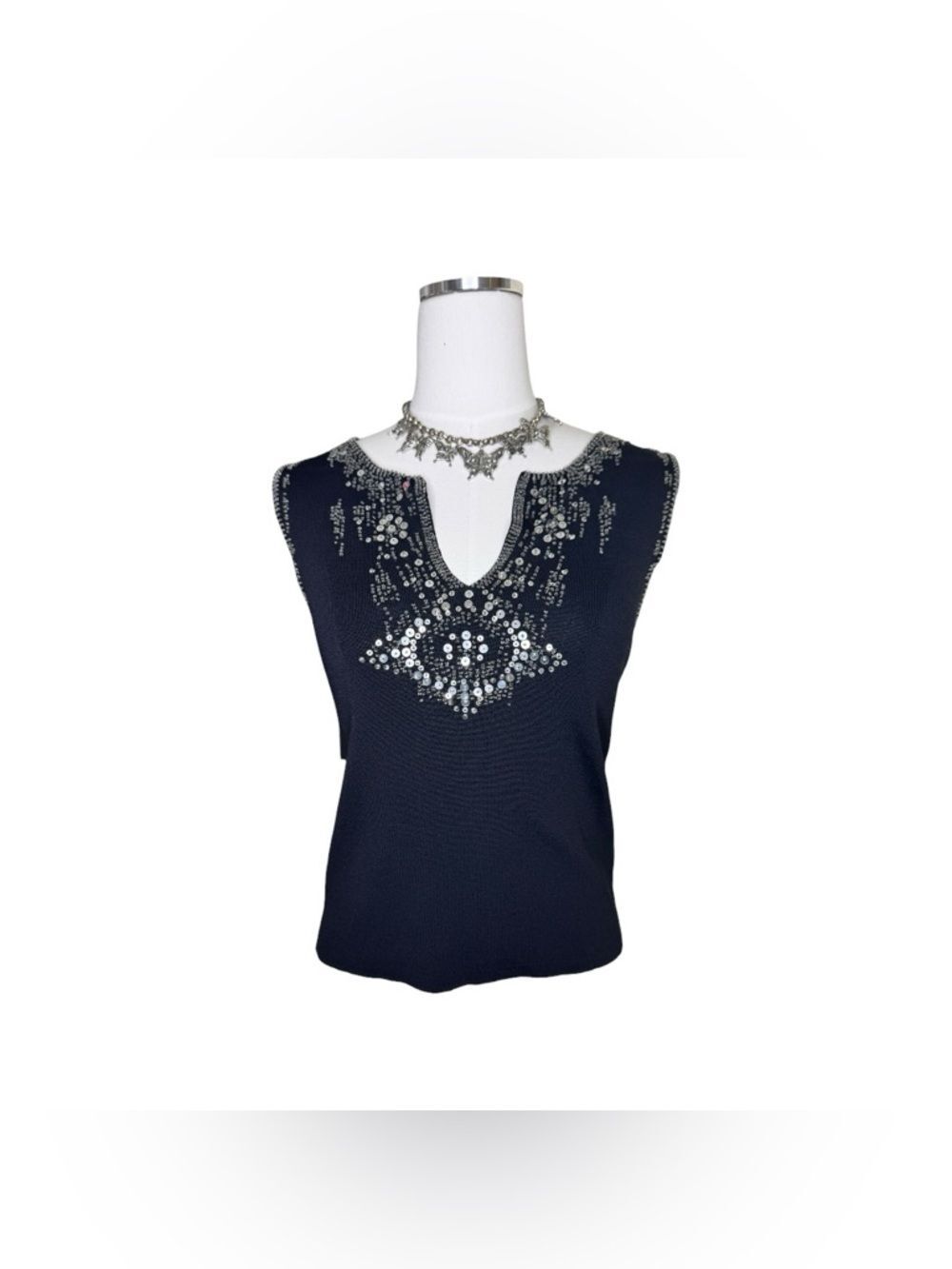 Y2K Joseph A Black Knit Beaded V Neckline Tank Top Size Small